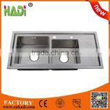 Professional Factory 1.2mm SUS 304 Stainless Steel Double Bowl Handmade Kitchen Sinks With Drainboard HD-HM10048 thumbnail-1