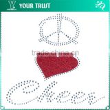 Crystal Peace Red Glitter Heart Clear Cheer Leter Hot Fix Motif Iron On Rhinestone Transfer
