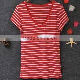 High Quality Woman Casual Shirts Striped Short Sleeve V Neck Cotton t Shirt Women Tops thumbnail-2