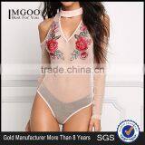 MGOO 2017 New Design Custom Blush Applique Bodysuits White See Through Rose Mesh Cutout Tops Playsuits thumbnail-1