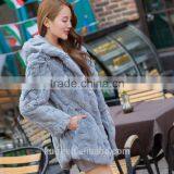 2016 New Women's Real Rex Rabbit Fur Coat With Fox Fur Hood Trim Patches Mink Fur Outwear thumbnail-4