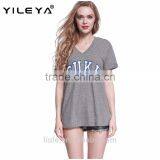 Hot Selling Women Short Sleeve T-shirt Gray V Neck Letters Print Loose T Shirt thumbnail-1