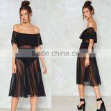 Wholesale Oem Custom Fashion Women Black Mesh off Shoulder Maxi Dress thumbnail-1