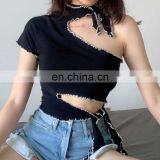 Hot Wholesale Women's Ladies Sexy Irregular One Shoulder Crop Top thumbnail-2