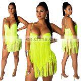 2019 Women Summer Tassel Splicing Spaghetti Strap Plunging V-neck Crop Top & Mini Skirts Suit Two Piece Set Beach Dress