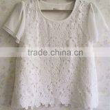 White Cotton Lace Chiffon T-shirt Short Sleeve Flower Stitching Sweet Lady T-shirt