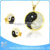 wholesale unisex stainless steel fashion Yin-yang crystal gold jewelry set