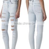 2014 latest design sexi women blue high waist distressed skinny jeans