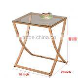 Fashionable New Style Stainless Steel X Shape Metal Brass End Table With Glass Top