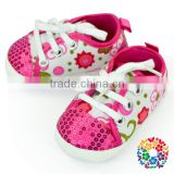 2015 China Baby Crib Shoes Supplier Hot Pink Flower Pattern Spring , Summer , Fall , Newborn Baby Shoes Fancy Baby Girl Shoes