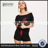 Black Printed Short Pyjama Set Boat Neck Logo T-Shirt With High Waist Running Pants Home Sleepwear thumbnail-1