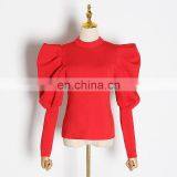 TWOTWINSTYLE O Neck Puff Sleeve Zipper Ruched White Women's Sweatshirts thumbnail-4