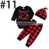 "Daddy's Little Man" 2019 Boys Black Rompers Outfits & Kids Plaid Full Print Pants & Baby Hat 3pc Set thumbnail-2