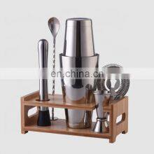 Creation Factory Direct Kit Bartender Barware Tools Set 800ml Stainless Steel Boston Shakers Cocktail Bar With Bamboo Wood Stand