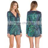 HAODUOYI Blue Sequin Plunge Neck Long Sleeve Evening Party Bodysuit for Wholesale With Low Price thumbnail-4