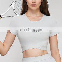 New Built In Bra Fixed Pads Short Sleeve Crop Top Women Workout Fitness Sports T-Shirt Elastic Bottom Slim Fit Yoga Gym Shirts thumbnail-1