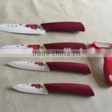 Ceramic Knife set 4pcs+peeler with red flower printing on white blade