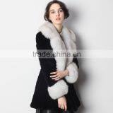 2016 New Arrival Wholesale Winter Black Rex Rabbit Fur Jacket with Fox Fur Collar and Cuff for Fashion Women