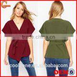 Wholesale Wide-cut Cuffs Wrap Design Lady Blouse,fashion Belted Blouse 2016