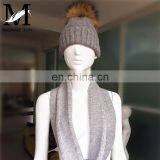 Whosale Fashion Winter Long Wool Knit Collar Real Top Pom Hat Scarf Attached