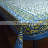 Blue and yellow handmade cotton block printed dinning tablecloth
