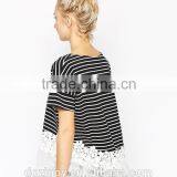 Stripe Blouse With Floral Lace Hem Fashion Design Lady Blouse thumbnail-3