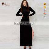 Plain Black Soft Sexy Long Sleeve Backless Evening Dress thumbnail-1