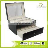 Black Leather 20 Watch Box Lockable Jewelry Display Case Organizer With Glass Top Drawer thumbnail-1