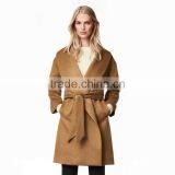 HAODUOYI Winter Women Light Tan Pockets Belt Front Trench Coat V Neck Long Line Woolen Coat thumbnail-5
