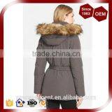 Women's Belted Quilting Padding Long Parka With Detachable Faux Fur Hood thumbnail-3