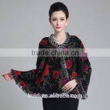 5 Colors New Short Knit Luxury Natural Rabbit Fur Trim Shawl Capes Mixed Color Coat Overcoat for Women Cashmere Pashmina Wraps thumbnail-2