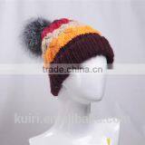 Winter Warm Knit Cap Thick Stick Knitting Mixed Color Winter Hats for Women Beanies With Fox Fur Poms thumbnail-2