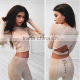 Runwaylover 074 New Style 2017 Ladies Fashion Two Piece Suits , Women Suede Crop Top And Tight Pants thumbnail-3