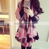Classic Jacquard Cashmere Checked Plaid Acrylic Long Pompom Plush Ball Scarf thumbnail-3