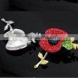 Wholesale Gold Plated Red Enamel Rhinestones Poppy Brooch Pin