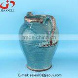 Antique Style Large Chinese Blue Ceramic Tall Floor Vase With Handle thumbnail-1