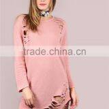 MGOO Women Longline Sweatshirt With Holes Distressed Curved Hem Tunic Dress Pink Long Sleeve thumbnail-3