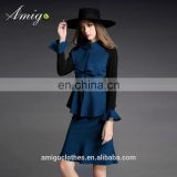 2016 blue boutique two piece flouncing dress mature female dress set wholesale
