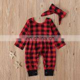 Fall Baby Girl Rompers Set Toddler Christmas Plaid Jumpsuit Headband 2pcs Set Playsuit Long Sleeve Holiday Clothes Set thumbnail-4