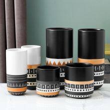 Black And White Stripe Fashion Colored Drawing Ceramic Flower Vase For Restaurant Dining Table thumbnail-3