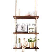 Wood Hanging Shelf Wall Swing Storage Shelves Jute Rope Organizer Rack 3 Tier