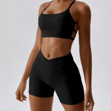 Wholesale Fitness Yoga Wear 2 Piece Active Wear Set Women Gym Multi Strap Open Back Sports Bra Front Cross Over Mini Shorts Set thumbnail-4