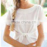 2016 Fashion Short Sleeve Bow O-neck Office Women Chiffon Shirt thumbnail-2