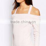 2016 Autumn Long Sleeve Sexy Women Bodysuit Plain White Halter Neck Off Shoulder Leotard In Rib Your Own Brand thumbnail-4
