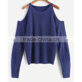 2017 Fall Women Loose Dark Blue Cold Shoulder Knit Sweater thumbnail-1