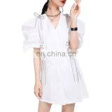 TWOTWINSTYLE Bandage Women's Dress Cross V Neck Puff Short Sleeve Patchwork Bowknot Mini Dresses thumbnail-1