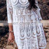 Summer Swimsuit Lace Crochet Hollow Beach Bikini Cover Up Women Tops Swimwear Beach Dress White Beach Tunic Loose Shirt thumbnail-4