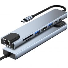 Aluminum Alloy USB Hub 8 in 1 Hub HDMI*1+RJ45+USB3.0*1+USB2.0*1+micro SD*1+SD*1+PD*1+PD2.0*1 Hub