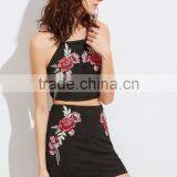 Two Piece Set Women Dress 2017 Black Embroidered Rose Applique Suede Halter Top With Skirt thumbnail-4