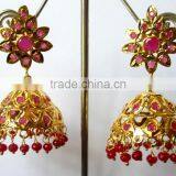 JADAU GOLD PLATED Dangler RUBY JHUMKA TEMPLE EARRINGS thumbnail-2